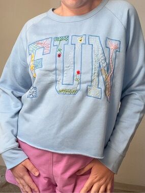 Old Navy FUN Hand Embroidered Light Blue Cropped Crewneck Sweatshirt